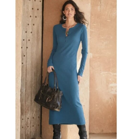Peruvian Connection Dresses & Skirts - Peruvian Connection Waffle Henley Maxi Dress Steel Blue Casual NWT Size Large